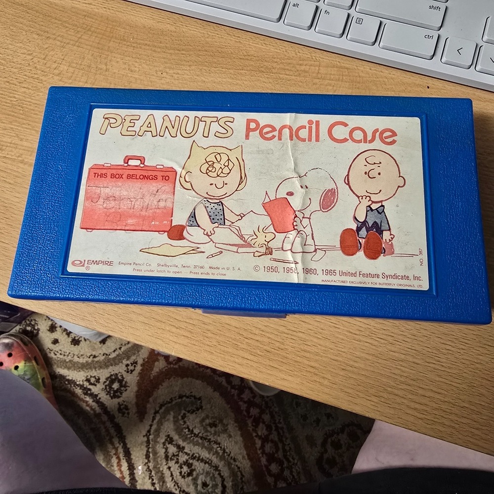 Peanuts Pencil Case 1965 Blue Plastic Box VTG Rare HTF School Supplies No. 387